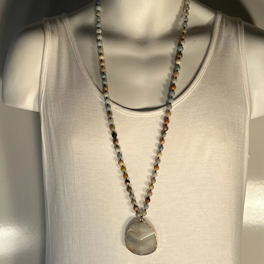 Stone Agate Multi Color Beaded Blue Gray Medallion Necklace Artsy Boho Festival